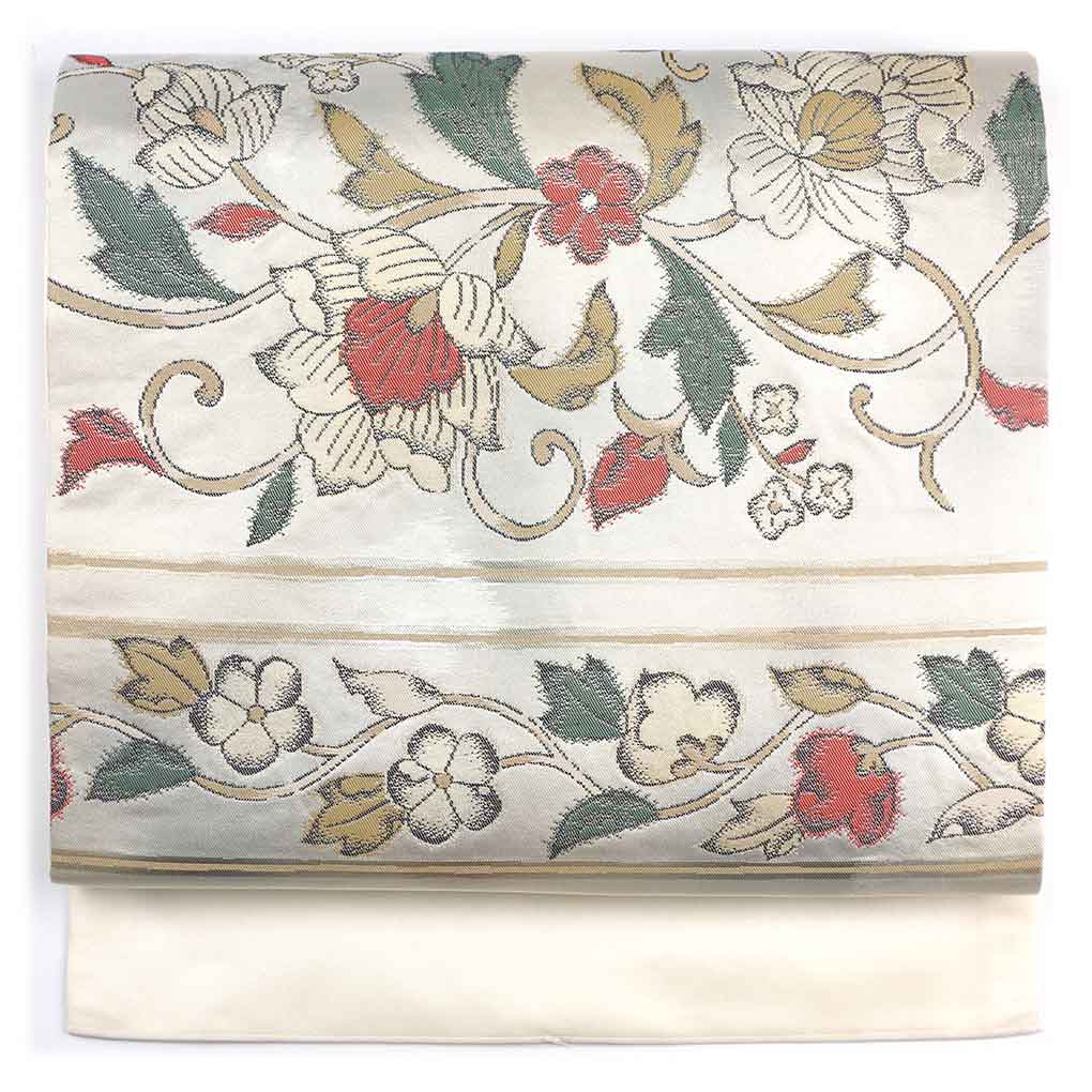 名古屋帯 リサイクル帯 幅30cm 長さ343cm レディース 花柄 秋冬春用 正絹（シルク）ホワイト 美品 リメイク リユース【ランクA】