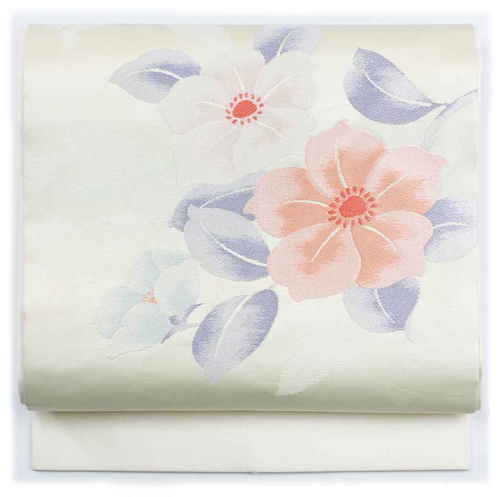 名古屋帯 リサイクル帯 幅30cm 長さ350cm レディース 花柄 秋冬春用 正絹（シルク）ホワイト やや難 リメイク リユース【ランクB】