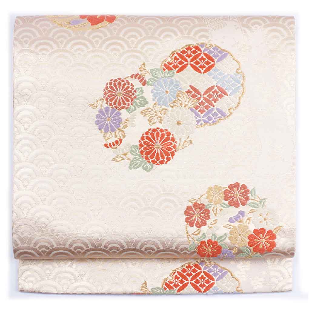 名古屋帯 リサイクル帯 幅30cm 長さ350cm レディース 花丸紋 秋冬春用 正絹（シルク）ゴールド 美品 リメイク リユース【ランクA】