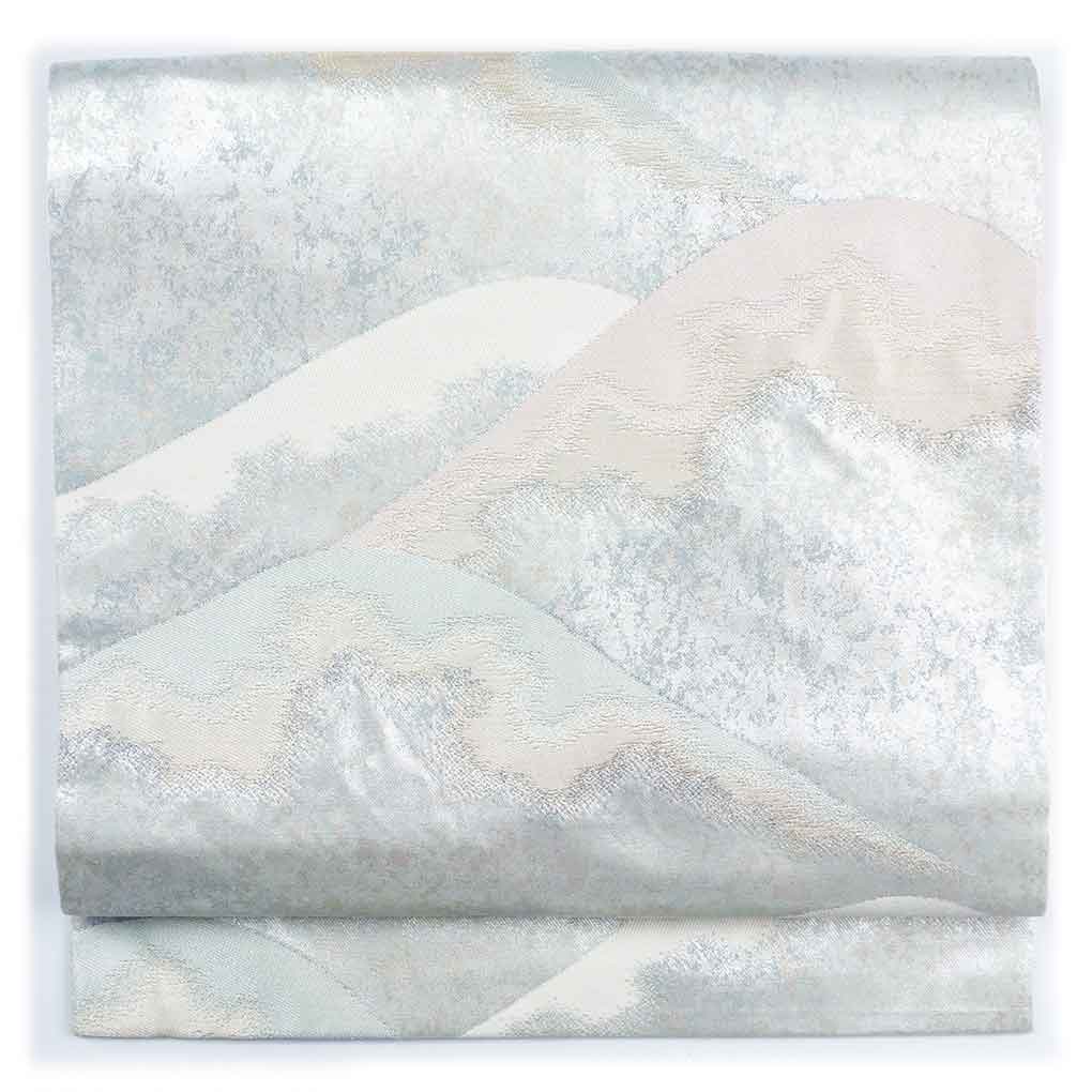 名古屋帯 リサイクル帯 幅31cm 長さ358cm レディース 遠山 秋冬春用 正絹（シルク）シルバー 美品 リメイク リユース【ランクA】