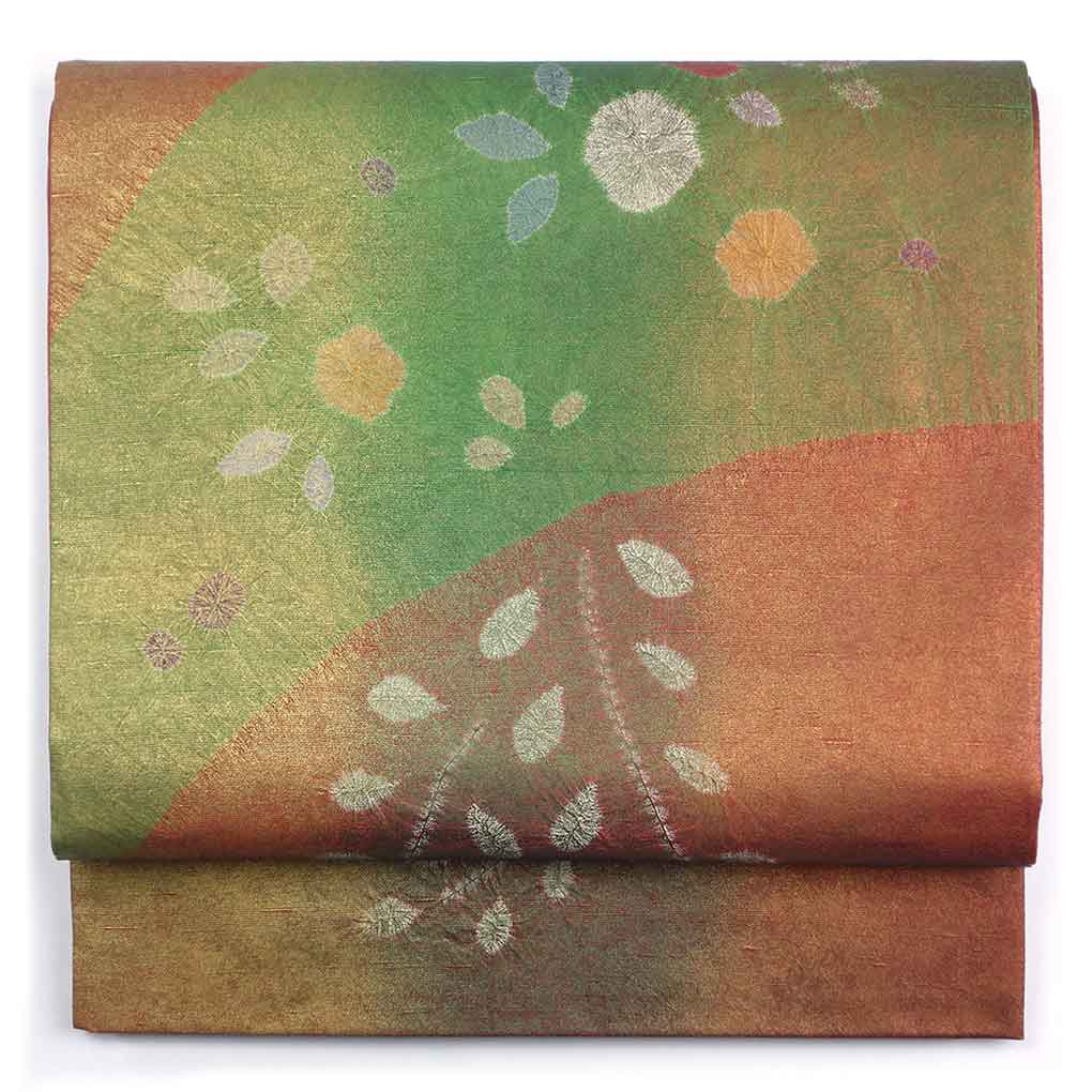 袋帯 リサイクル帯 幅31cm 長さ452cm レディース 縦ぼかし 秋冬春用 正絹（シルク）ブラウン 未使用品 牛首紬 リメイク リユース【ランクS】