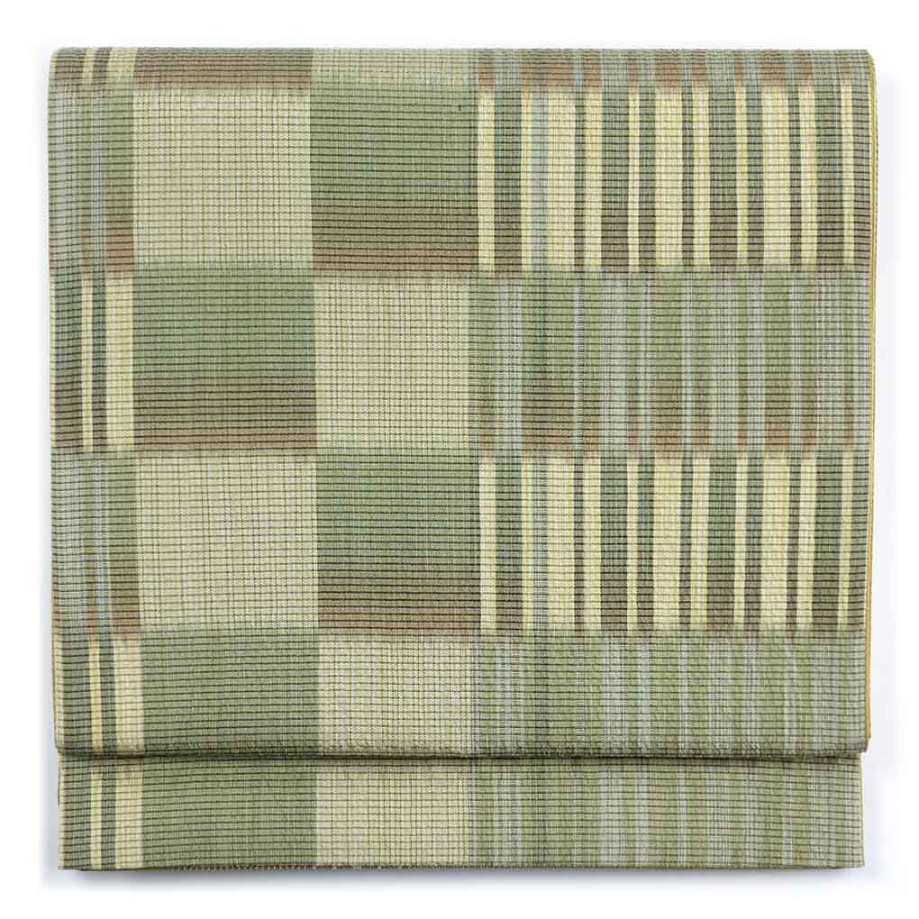 袋帯 リサイクル帯 幅31cm 長さ441cm レディース 市松 秋冬春用 正絹（シルク）グリーン 未使用品 リバーシブル リメイク リユース【ランクS】