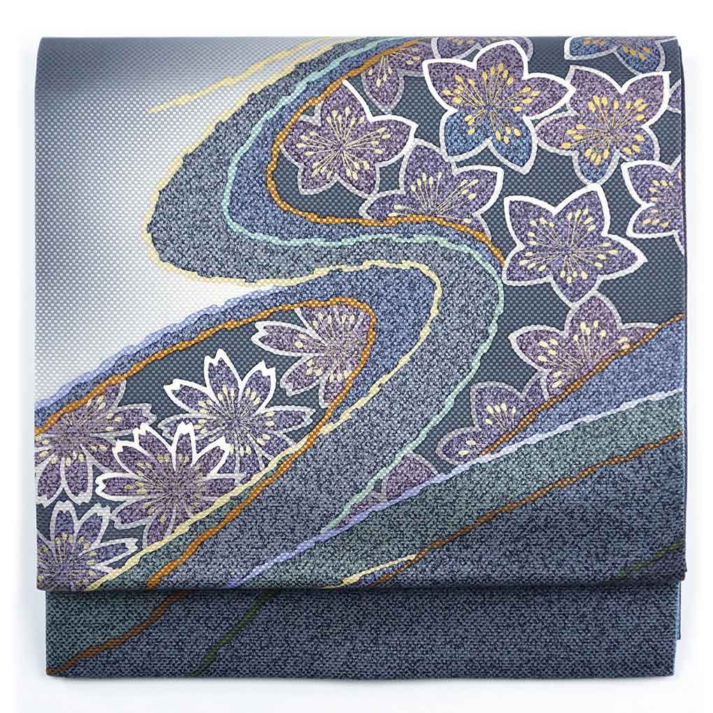 袋帯 リサイクル帯 幅31cm 長さ435cm レディース 花柄 秋冬春用 正絹（シルク）グレー 美品 リメイク リユース【ランクA】