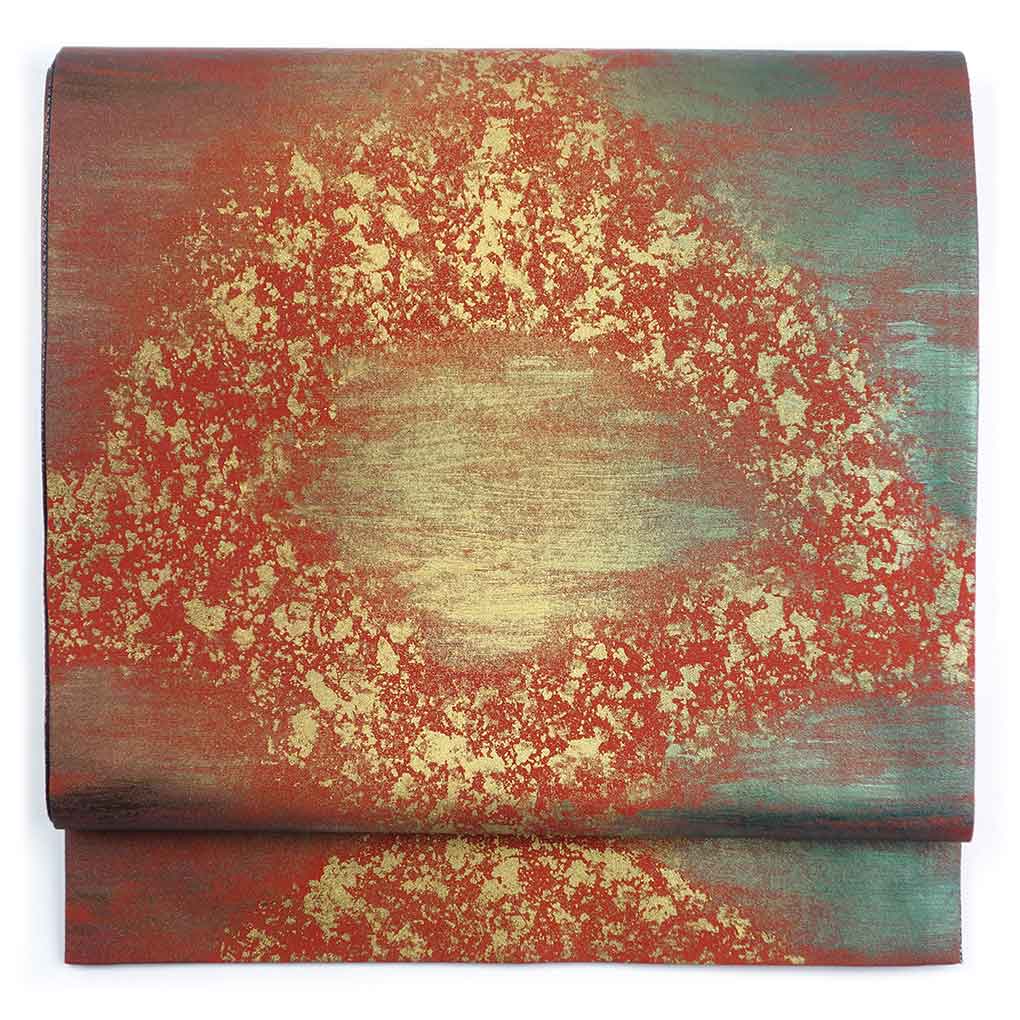 袋帯 リサイクル帯 幅31cm 長さ455cm レディース 連続模様 秋冬春用 正絹（シルク）レッド 未使用品 大島紬 リメイク リユース【ランクS】