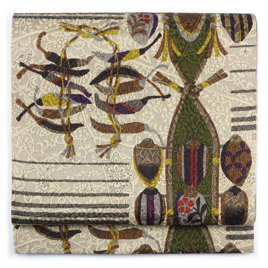 袋帯 リサイクル帯 幅31cm 長さ452cm レディース 唐辛子 秋冬春用 正絹（シルク）ブラウン 未使用品 鵬翔 リメイク リユース【ランクS】