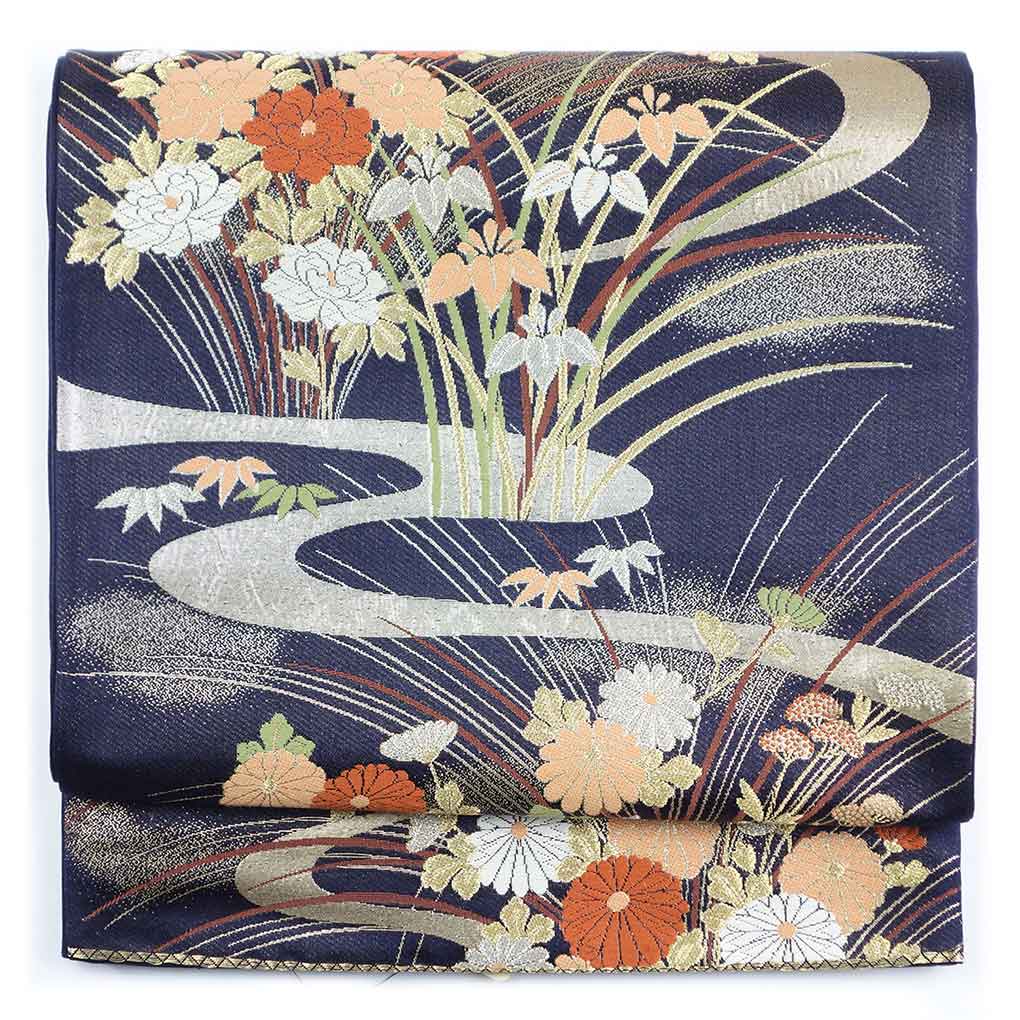 袋帯 リサイクル帯 幅30.5cm 長さ420cm レディース 花柄 秋冬春用 正絹（シルク）パープル 美品 リメイク リユース【ランクA】