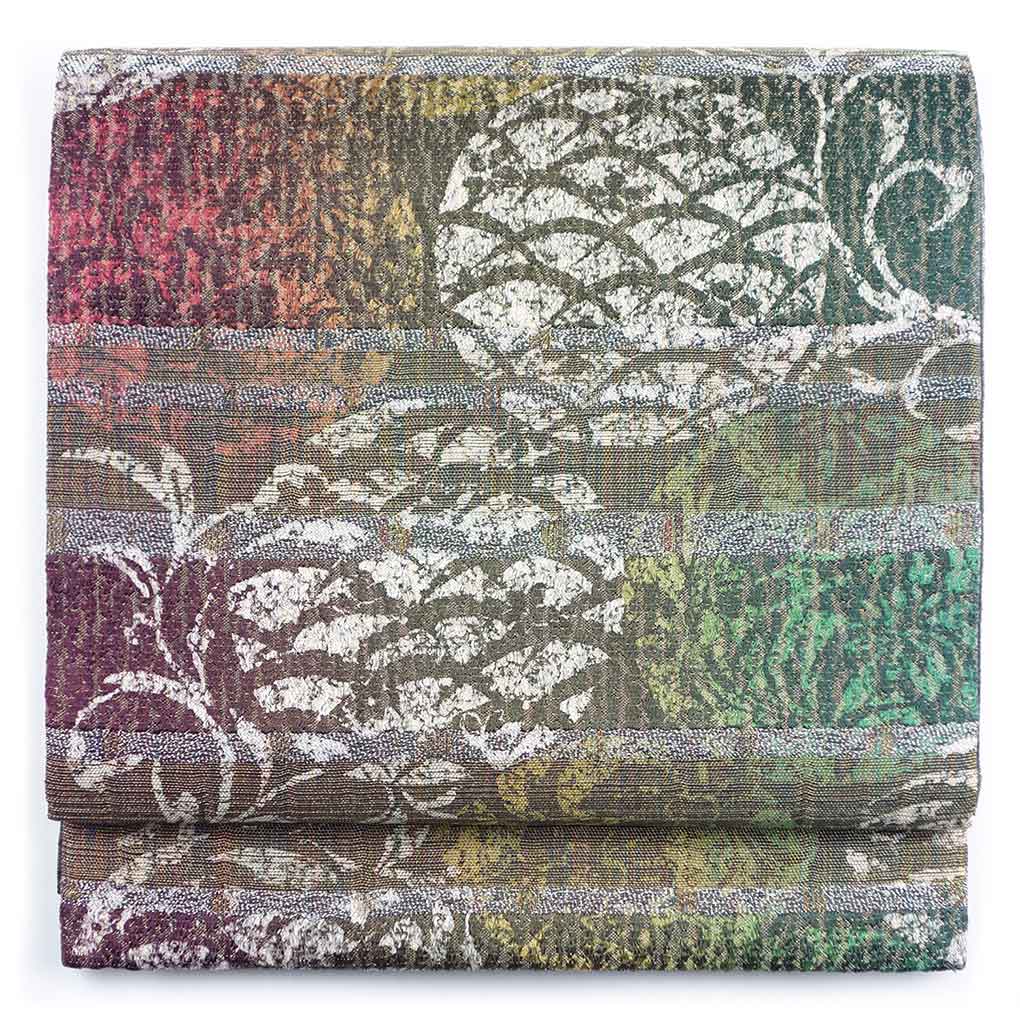 袋帯 リサイクル帯 幅31cm 長さ444cm レディース 横段柄 秋冬春用 正絹（シルク）グリーン 未使用品 リメイク リユース【ランクS】