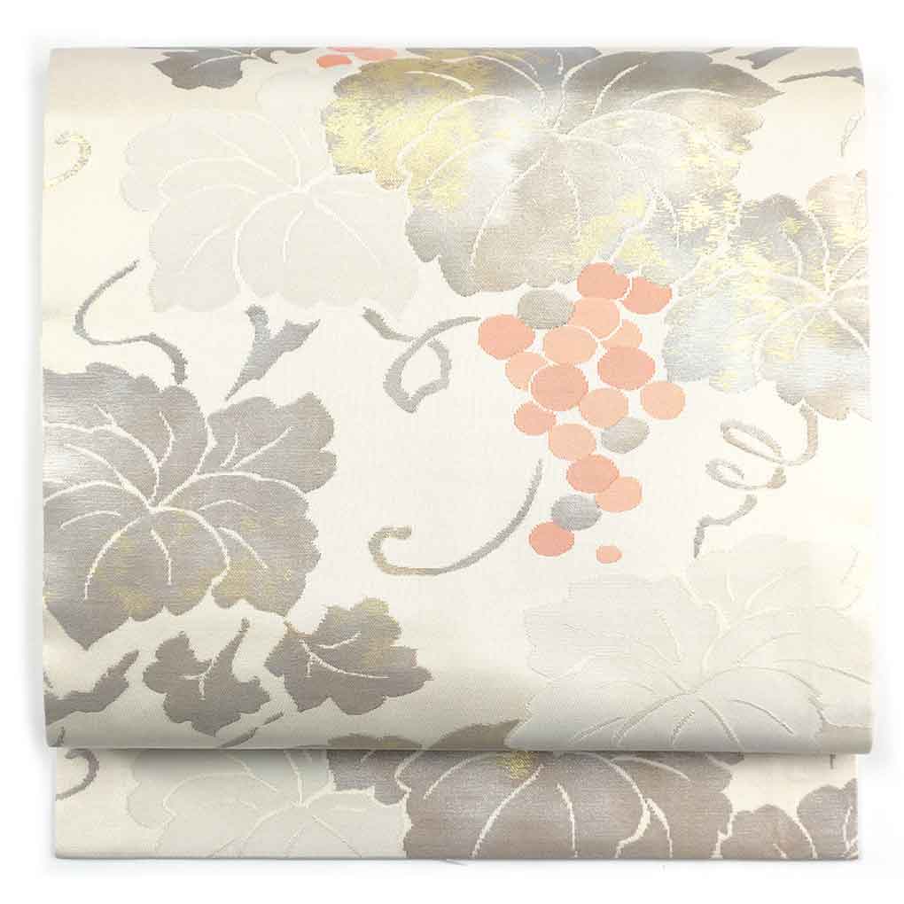 名古屋帯 リサイクル帯 幅30cm 長さ359cm レディース 葡萄 秋冬春用 正絹（シルク）ホワイト やや難 リメイク リユース【ランクB】