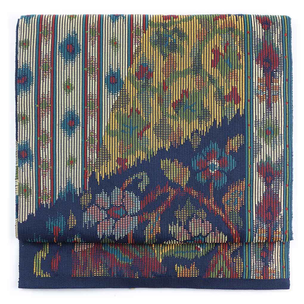 名古屋帯 リサイクル帯 幅30cm 長さ355cm レディース 花柄 秋冬春用 正絹（シルク）ネイビー 美品 リメイク リユース【ランクA】