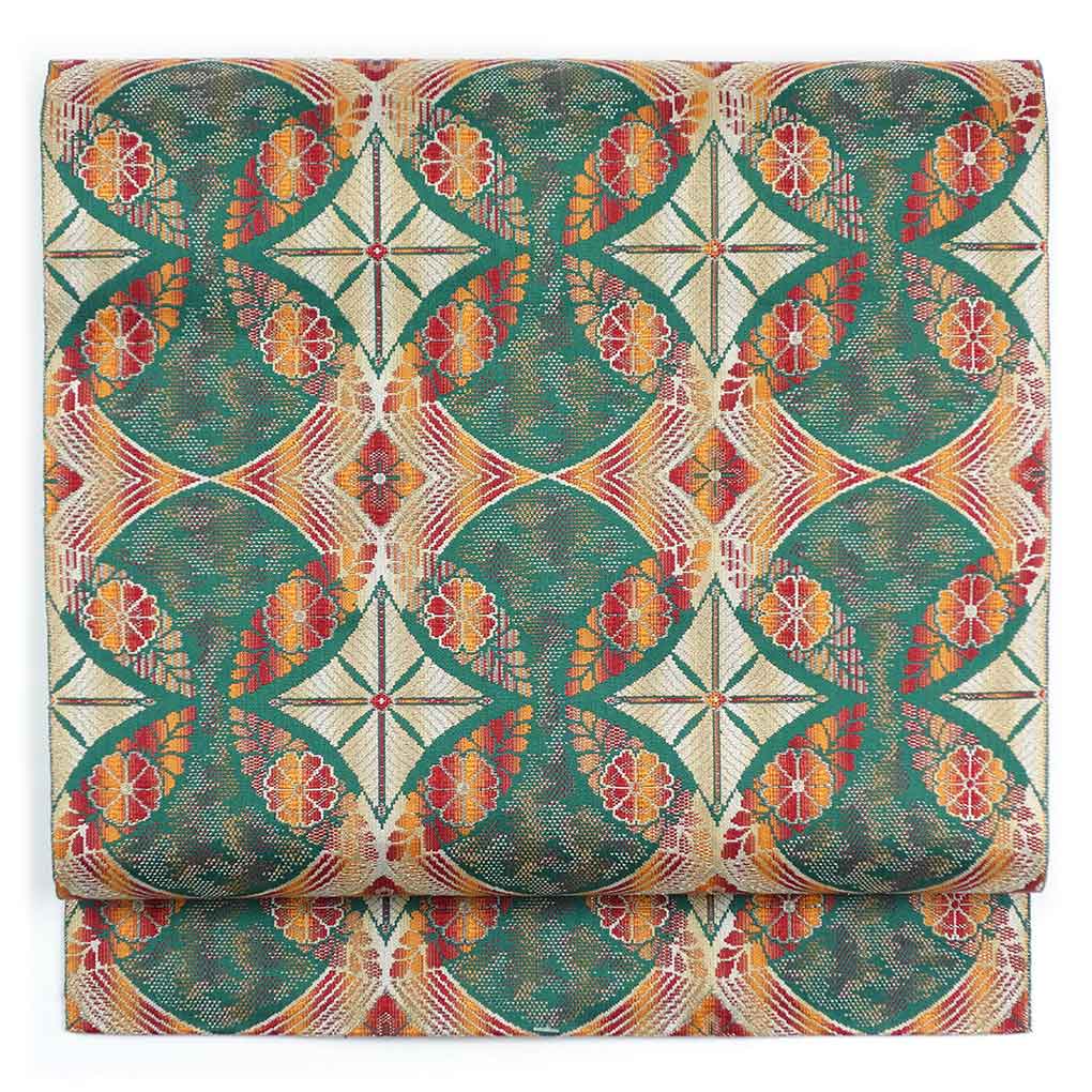 名古屋帯 リサイクル帯 幅30cm 長さ341cm レディース 連続模様 秋冬春用 正絹（シルク）グリーン 美品 リメイク リユース【ランクA】