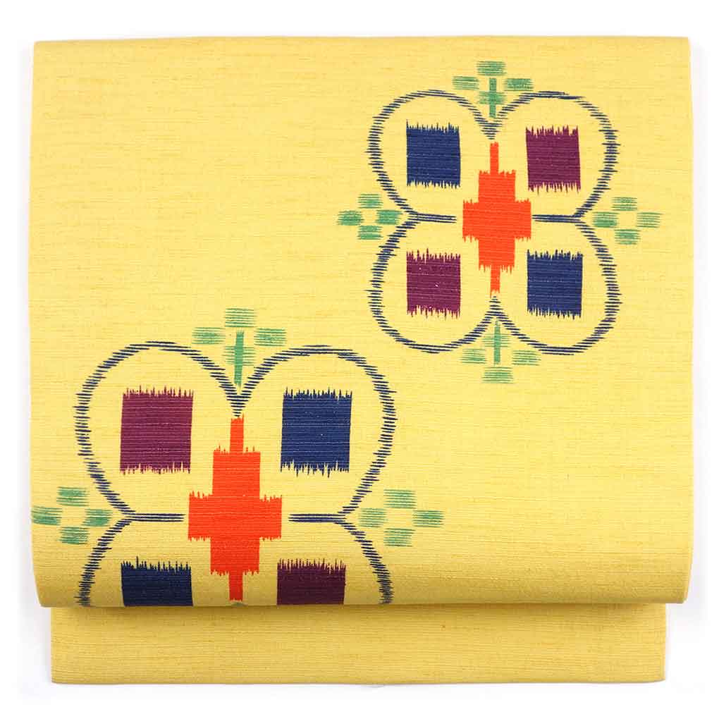 名古屋帯 リサイクル帯 幅30cm 長さ350cm レディース 花柄 秋冬春用 正絹（シルク）イエロー 未使用品 リメイク リユース【ランクS】