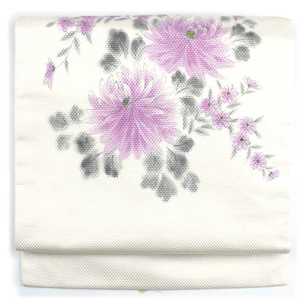 名古屋帯 リサイクル帯 幅31cm 長さ359cm レディース 萩柄 秋冬春用 正絹（シルク）ホワイト やや難 リメイク リユース【ランクB】