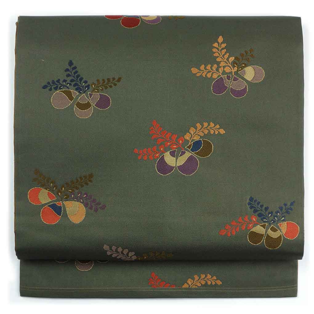 名古屋帯 リサイクル帯 幅30cm 長さ364cm レディース 桐 秋冬春用 正絹（シルク）グリーン 美品 リメイク リユース【ランクA】