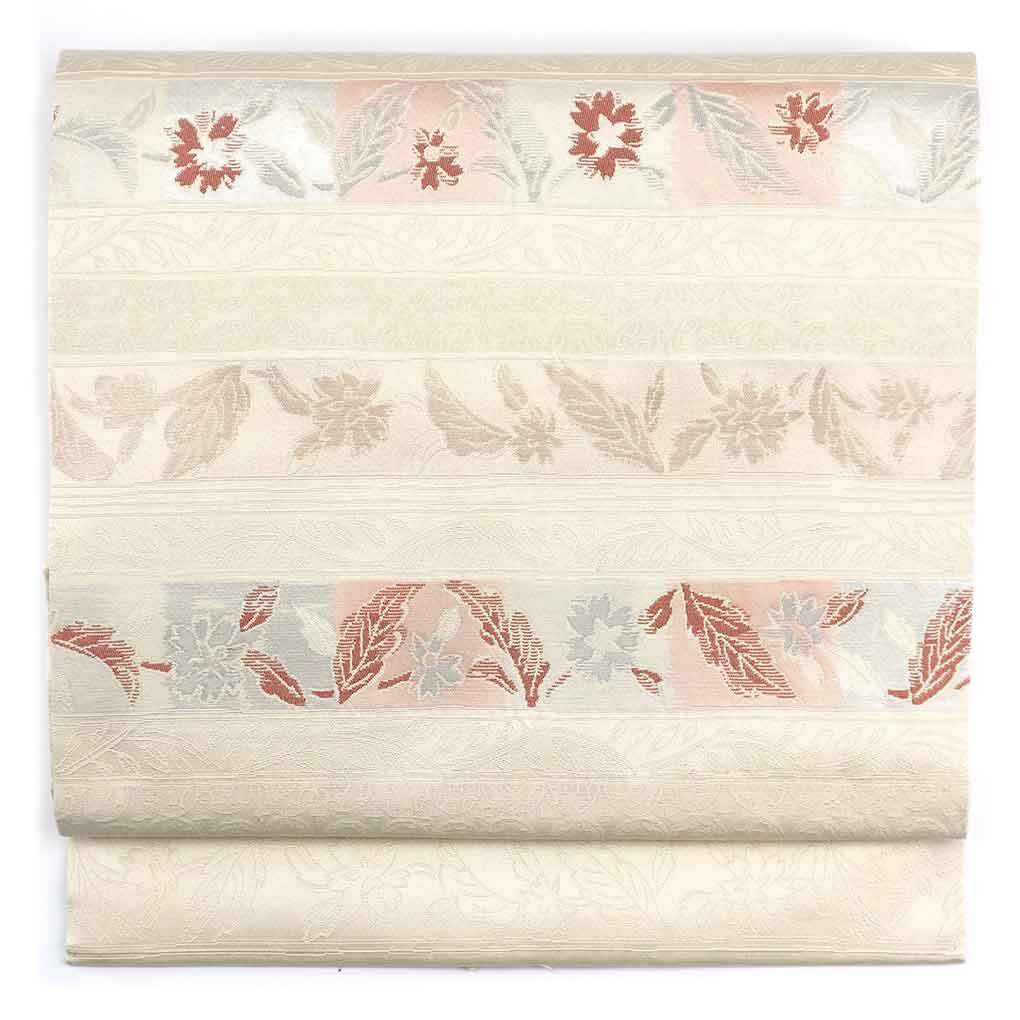 名古屋帯 リサイクル帯 幅31cm 長さ360cm レディース 横段柄 秋冬春用 正絹（シルク）ホワイト 美品 リメイク リユース【ランクA】