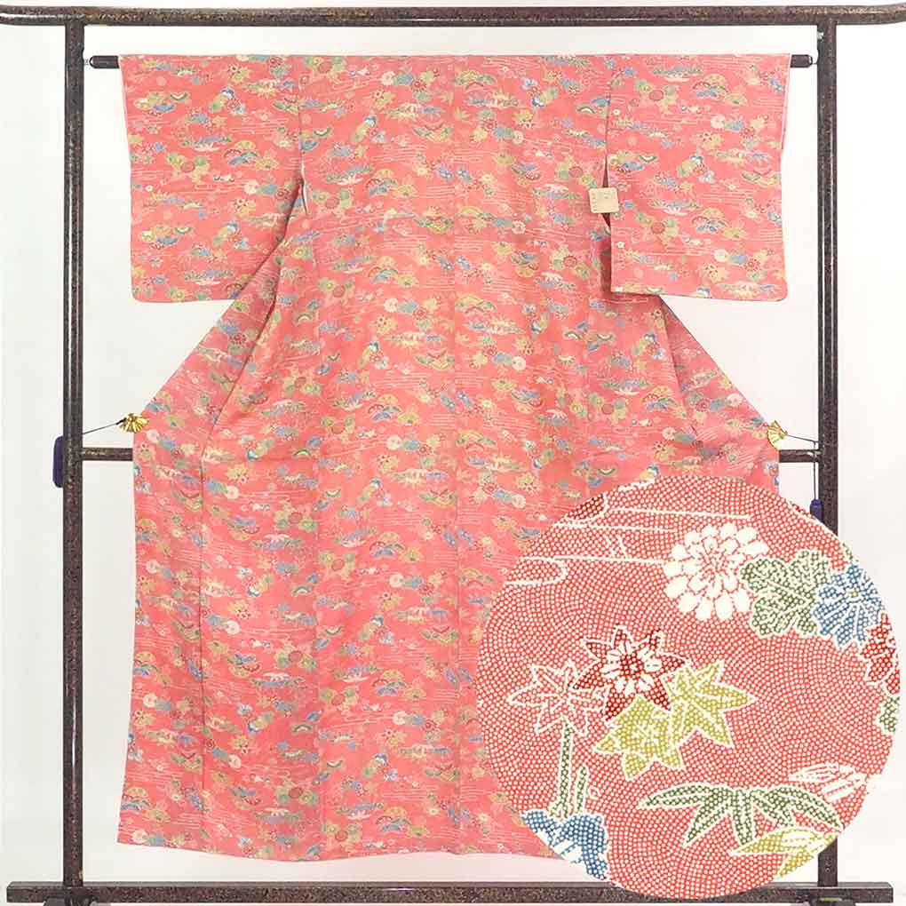 リサイクル着物 小紋 ピンク地 鮫小紋 花柄 袷 正絹 着物 レディース 秋冬春用 シルク ピンク 裄Sサイズ リユース身丈154cm 裄61cm 前幅23cm 後幅28cm 袖丈47cm【ランクA】