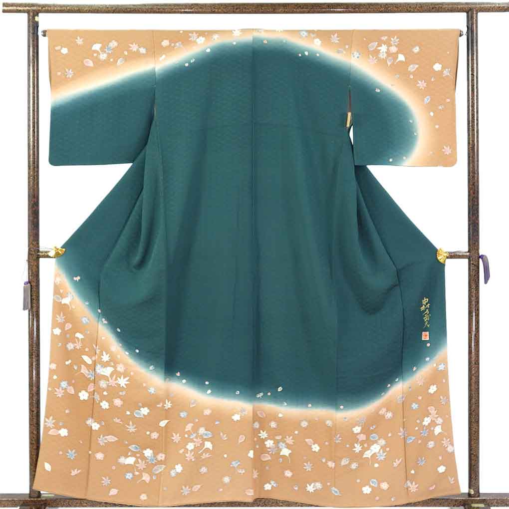 訪問着 リサイクル着物 身丈160cm 裄66cm 前幅24cm 後幅30.5cm 袖丈46cm 袖幅33cm レディース 袷 吹寄せ 裄長 裄M-Lサイズ 秋冬春用 正絹（シルク）グリーン 美品 中村乃武夫 リメイク リユース【ランクA】