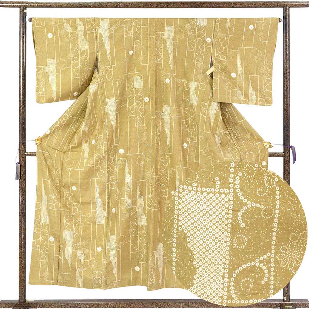 紬 リサイクル着物 身丈153cm 裄65cm 前幅26cm 後幅31cm 袖丈49cm 袖幅33cm レディース 袷 鹿の子 裄Mサイズ 秋冬春用 正絹（シルク）ブラウン やや難 リメイク リユース【ランクB】