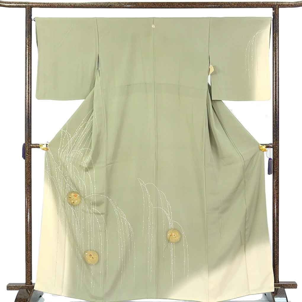 訪問着 リサイクル着物 身丈167cm 裄66cm 前幅25cm 後幅30cm 袖丈49cm 袖幅34cm レディース 袷 柳 裄長 裄M-Lサイズ 秋冬春用 正絹（シルク）グリーン トールサイズ 美品 リメイク リユース【ランクA】