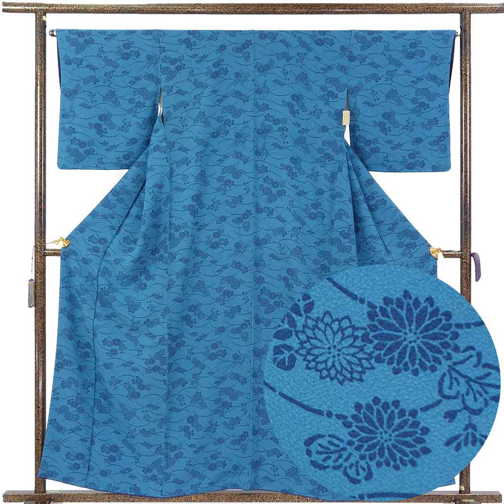 小紋 リサイクル着物 身丈159cm 裄65cm 前幅26cm 後幅30cm 袖丈48cm 袖幅33cm レディース 袷 菊 裄Mサイズ 秋冬春用 正絹（シルク）ネイビー 美品 リメイク リユース【ランクA】