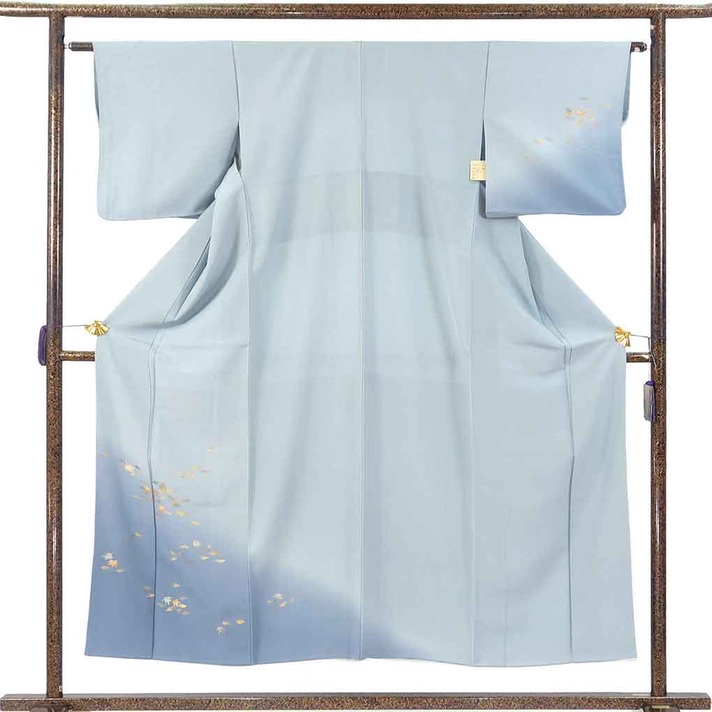 付下 リサイクル着物 身丈152cm 裄62cm 前幅23.5cm 後幅29cm 袖丈45cm 袖幅32cm レディース 袷 金彩 裄Sサイズ 秋冬春用 正絹（シルク）ブルー やや難 リメイク リユース【ランクB】