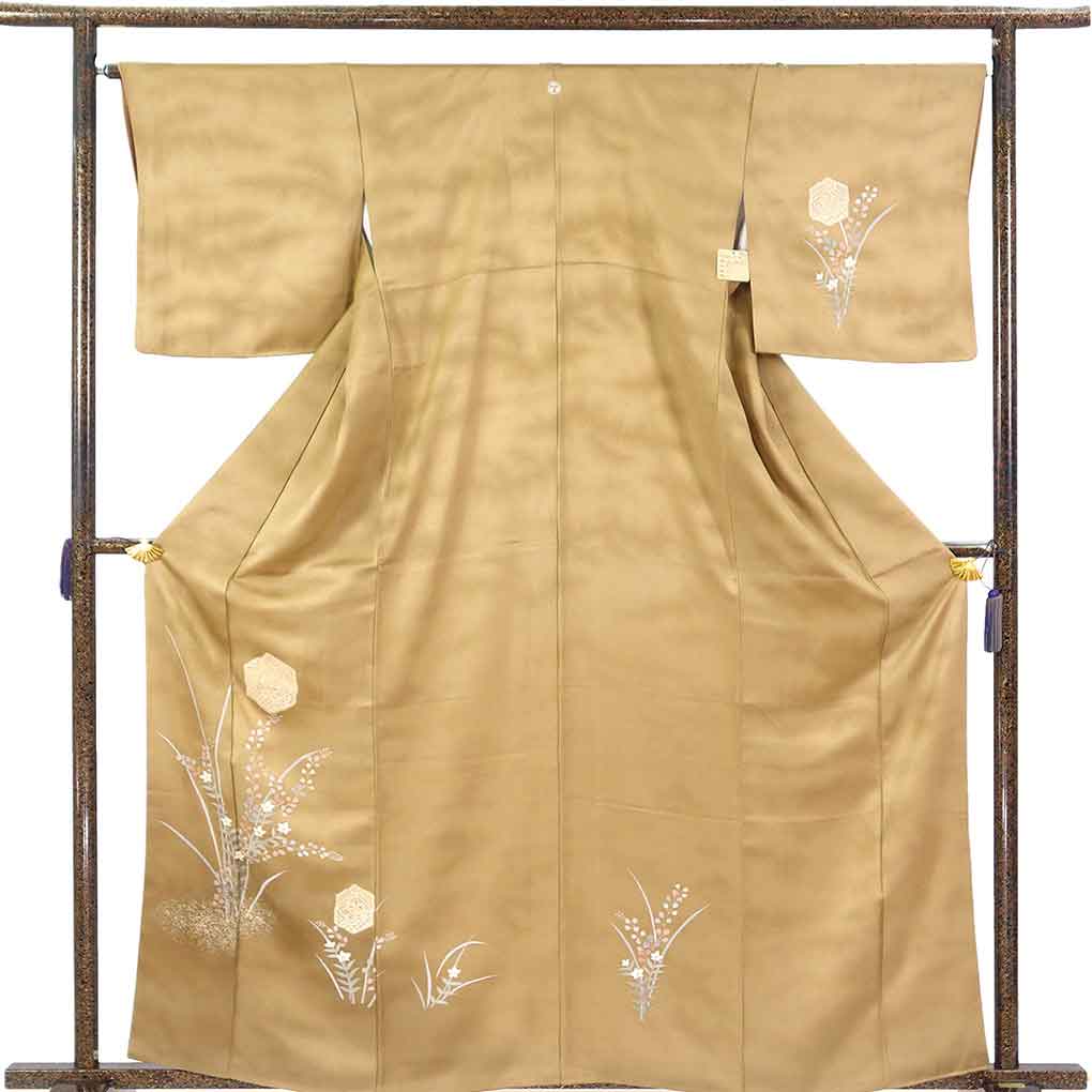 訪問着 リサイクル着物 身丈163cm 裄66cm 前幅23cm 後幅29cm 袖丈47cm 袖幅34cm レディース 袷 花柄 裄長 裄M-Lサイズ 秋冬春用 正絹（シルク）ブラウン 美品 リメイク リユース【ランクA】