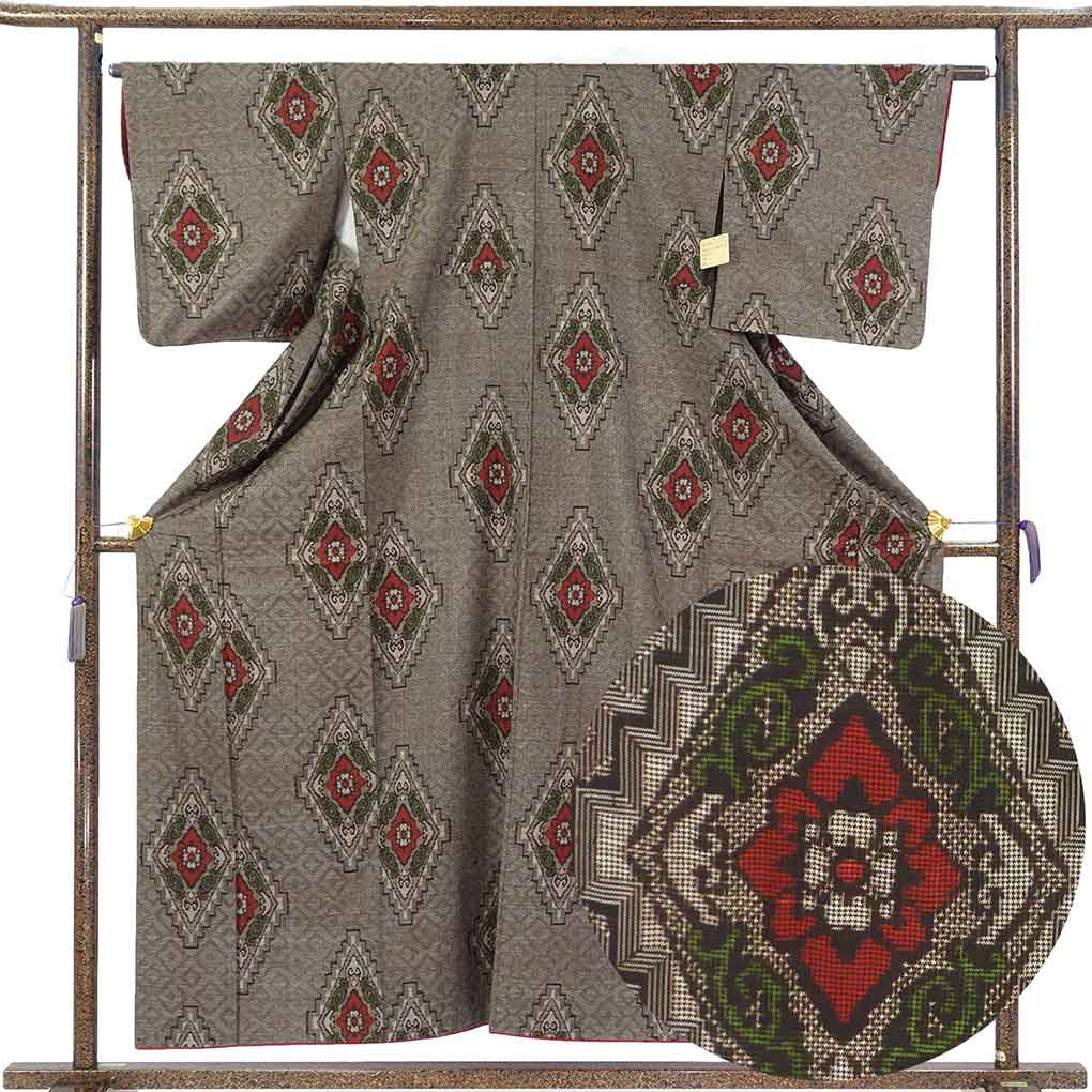 紬 リサイクル着物 身丈156cm 裄63cm 前幅23cm 後幅30.5cm 袖丈47cm 袖幅32cm レディース 袷 連続模様 裄Mサイズ 秋冬春用 正絹（シルク）ブラウン やや難 龍郷大島 リメイク リユース【ランクB】