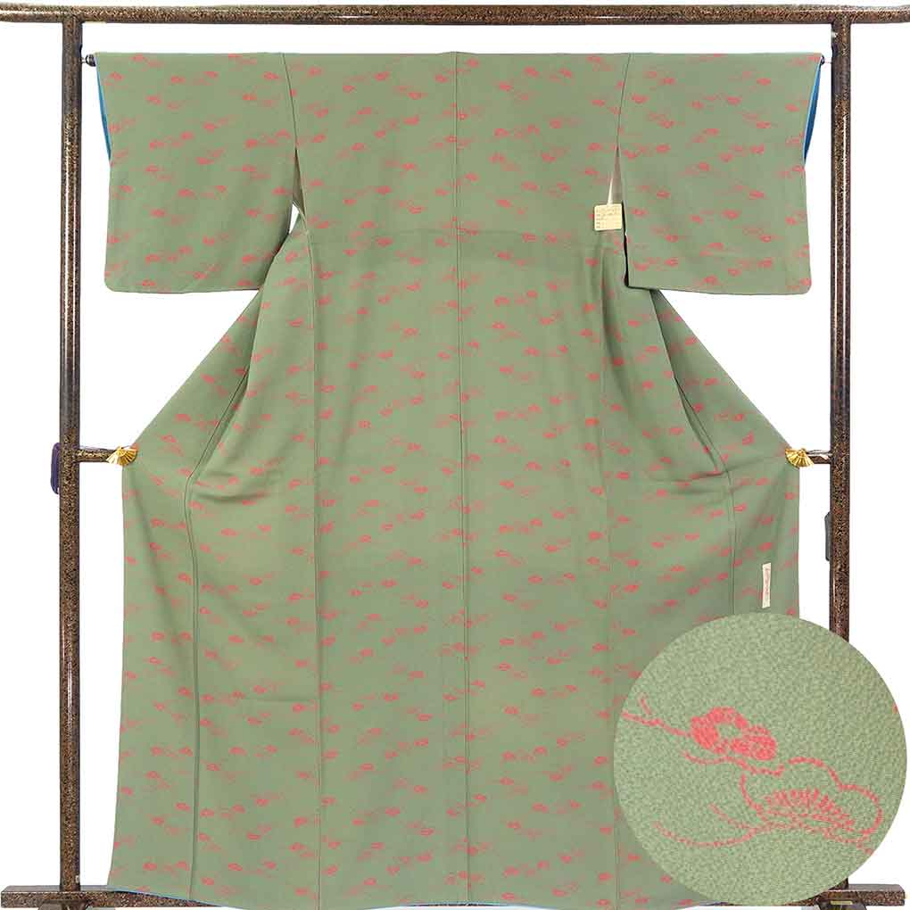 小紋 リサイクル着物 身丈162cm 裄66cm 前幅24cm 後幅28cm 袖丈46cm 袖幅34cm レディース 袷 梅柄 裄長 裄M-Lサイズ 秋冬春用 正絹（シルク）グリーン 美品 辻村ジュサブロー リメイク リユース【ランクA】