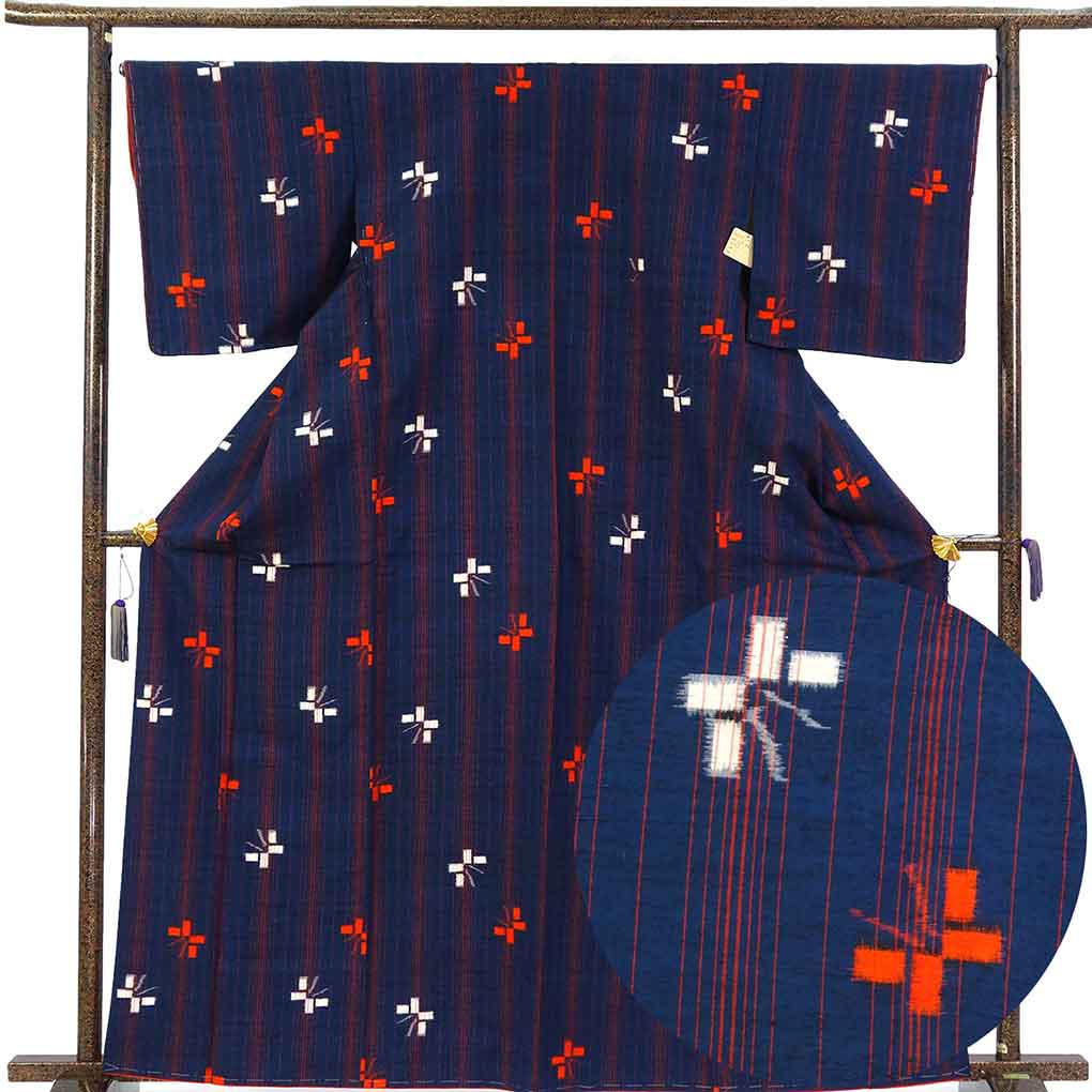 紬 リサイクル着物 身丈165cm 裄66cm 前幅24cm 後幅30cm 袖丈49cm 袖幅33cm レディース 袷 抽象柄 裄長 裄M-Lサイズ 秋冬春用 正絹（シルク）ネイビー トールサイズ 未使用品 リメイク リユース【ランクS】