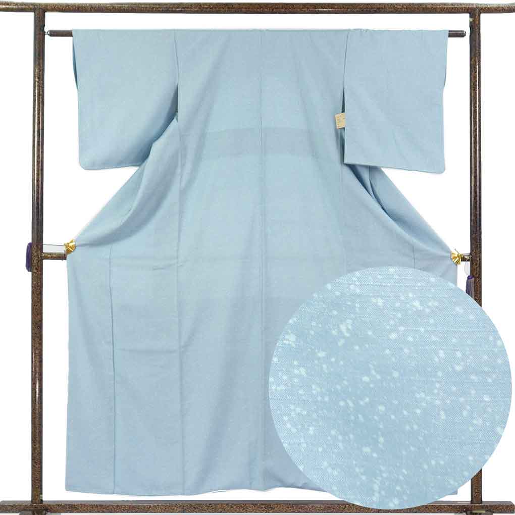 小紋 リサイクル着物 身丈158cm 裄62cm 前幅22cm 後幅27.5cm 袖丈49cm 袖幅32cm レディース 袷 糊散らし 裄Sサイズ 秋冬春用 正絹（シルク）ブルー やや難 リメイク リユース【ランクB】