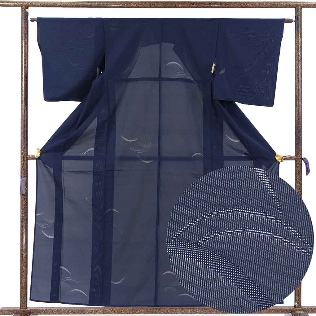 紋紗着物 リサイクル着物 身丈160cm 裄丈63cm 前幅23cm 後幅29cm 袖丈49cm 袖幅33cm レディース 露芝 裄Mサイズ 夏用 正絹（シルク）ネイビー やや難 リメイク リユース【ランクB】