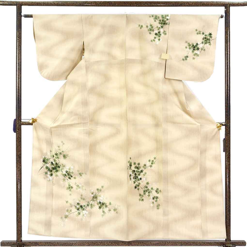 訪問着 リサイクル着物 身丈159cm 裄63cm 前幅27cm 後幅30.5cm 袖丈49cm 袖幅32cm レディース 単衣 紅葉 裄Mサイズ 初夏・初秋用 正絹（シルク）ブラウン 美品 リメイク リユース【ランクA】