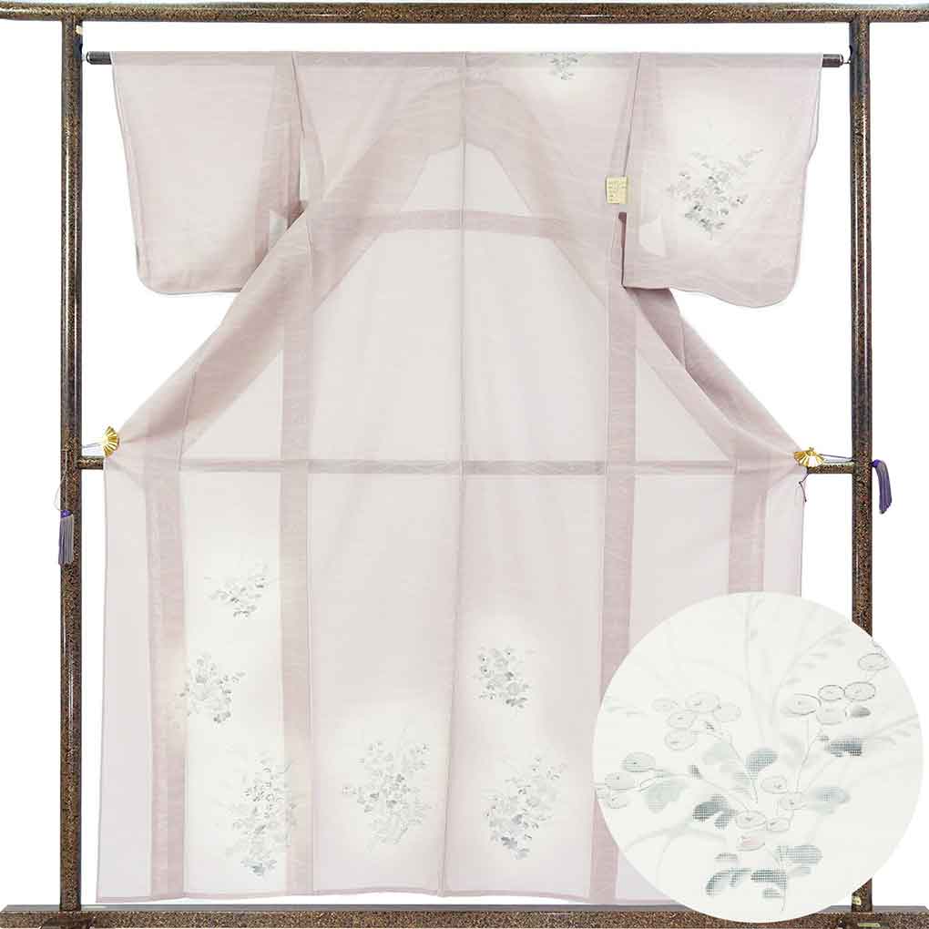 訪問着 リサイクル着物 身丈160cm 裄64cm 前幅24cm 後幅29.5cm 袖丈49cm 袖幅32cm レディース 花柄 裄Mサイズ 夏用 正絹（シルク）ピンク 未使用品 リメイク リユース【ランクS】