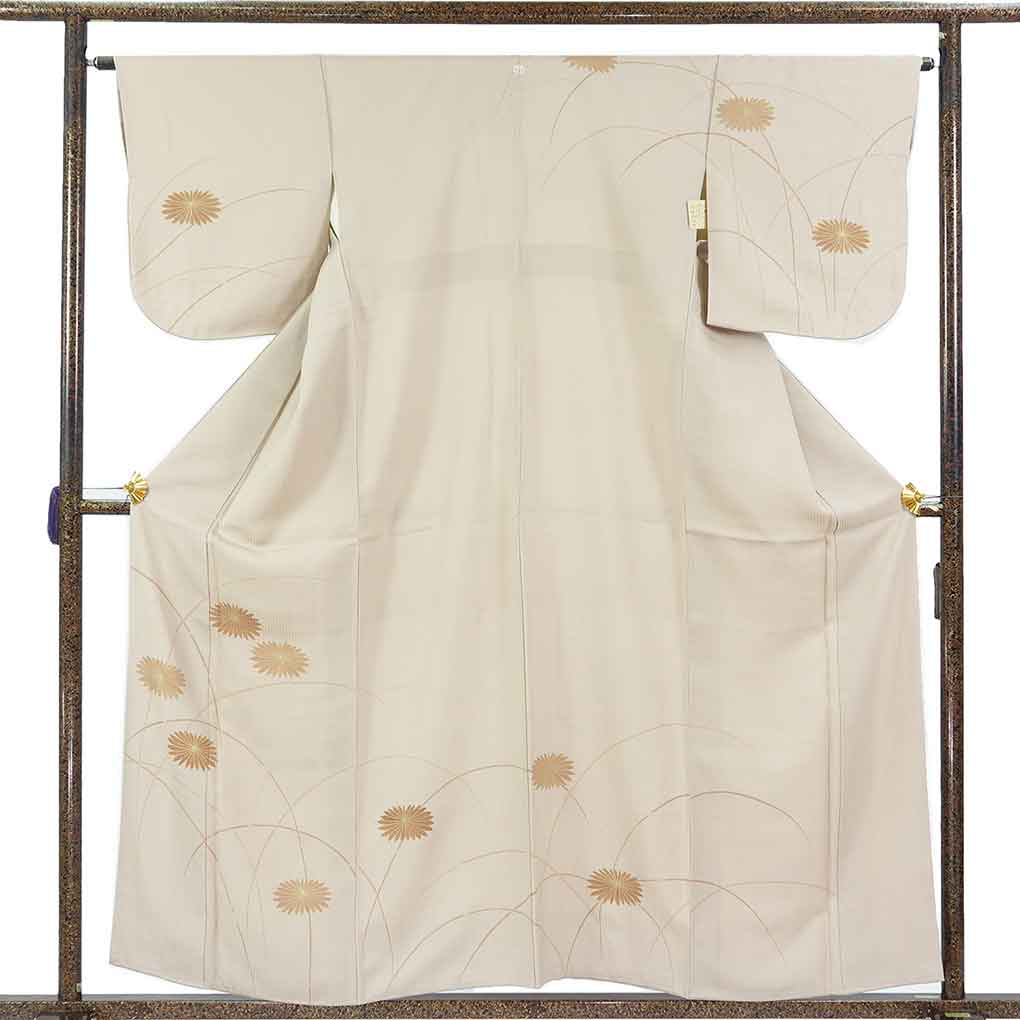 訪問着 リサイクル着物 身丈159cm 裄65cm 前幅25cm 後幅30cm 袖丈49cm 袖幅32cm レディース 袷 菊 裄Mサイズ 秋冬春用 正絹（シルク）ブラウン やや難 リメイク リユース【ランクB】