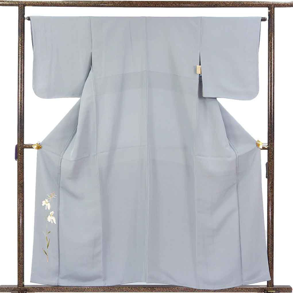 付下 リサイクル着物 身丈158cm 裄65cm 前幅26.5cm 後幅31.5cm 袖丈49cm 袖幅33cm レディース 袷 サギソウ 裄Mサイズ 秋冬春用 正絹（シルク）グレー 未使用品 リメイク リユース【ランクS】
