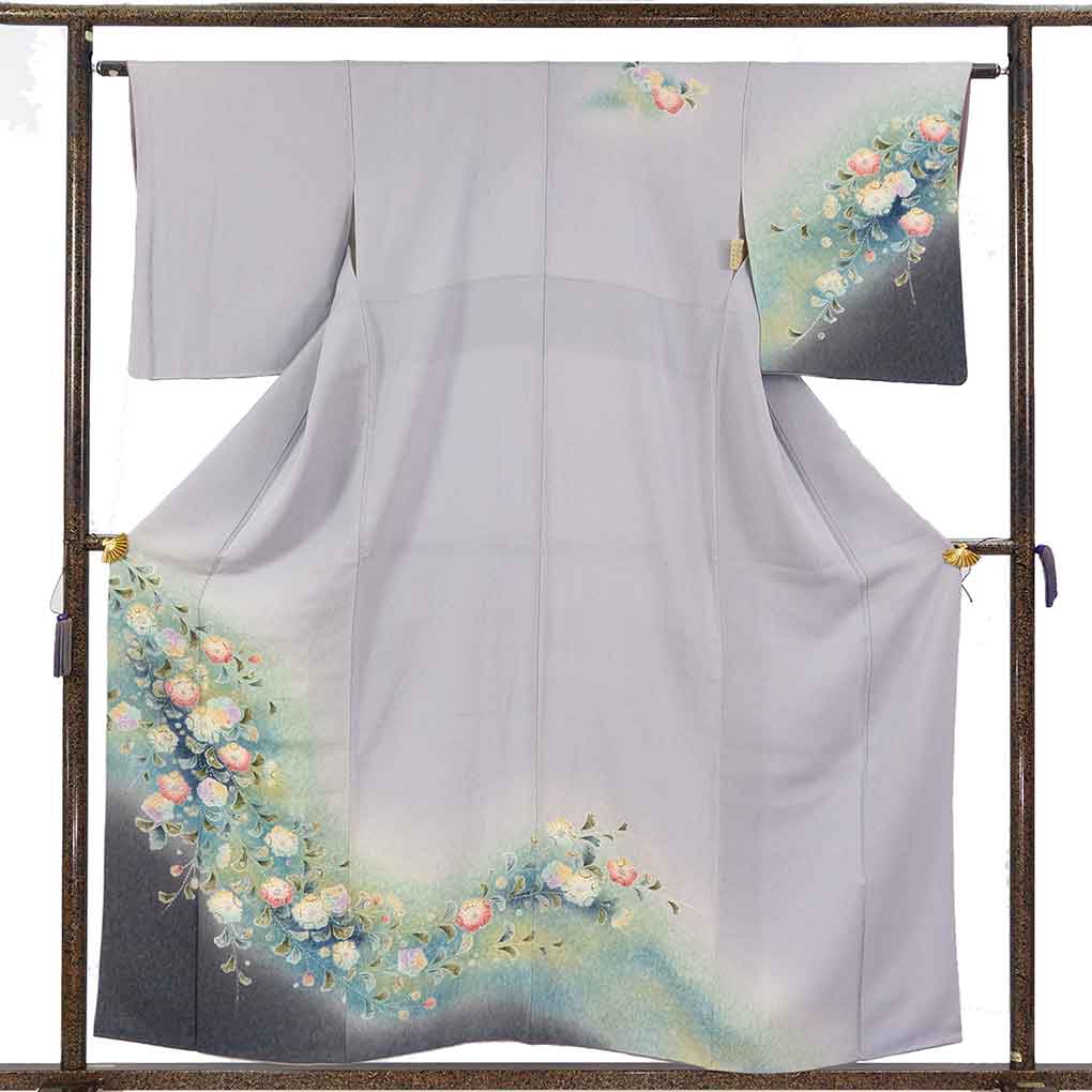 訪問着 リサイクル着物 身丈158cm 裄63cm 前幅23cm 後幅29cm 袖丈51cm 袖幅32cm レディース 袷 辻ヶ花 裄Mサイズ 秋冬春用 正絹（シルク）ブルー 美品 リメイク リユース【ランクA】