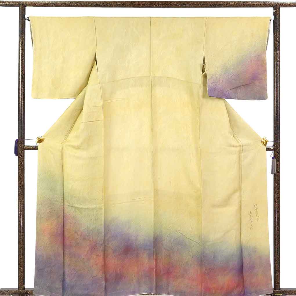 付下 リサイクル着物 身丈163cm 裄67cm 前幅23.5cm 後幅29cm 袖丈48cm 袖幅34cm レディース 袷 裾ぼかし 裄長 裄Lサイズ 秋冬春用 正絹（シルク）イエロー 未使用品 樋熊哲也 リメイク リユース【ランクS】