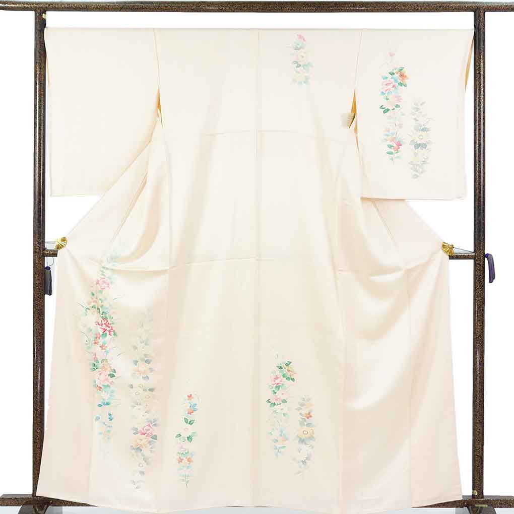 訪問着 リサイクル着物 身丈163cm 裄69cm 前幅24cm 後幅30cm 袖丈57cm 袖幅35cm レディース 袷 花柄 裄長 裄L-LLサイズ 秋冬春用 正絹（シルク）ピンク 未使用品 リメイク リユース【ランクS】