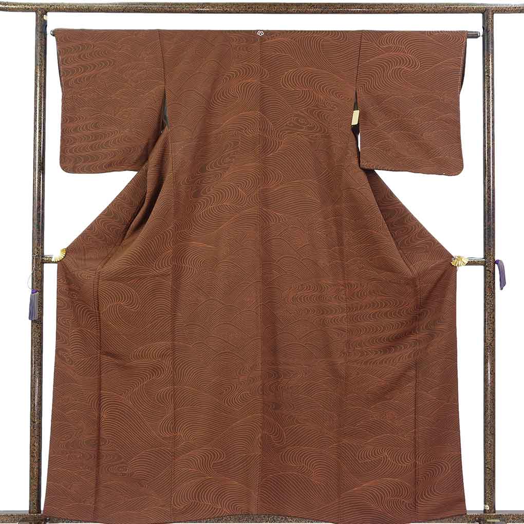 訪問着 リサイクル着物 身丈161cm 裄64cm 前幅24cm 後幅30cm 袖丈49cm 袖幅32cm レディース 袷 波頭 裄Mサイズ 秋冬春用 正絹（シルク）ブラウン 未使用品 リメイク リユース【ランクS】