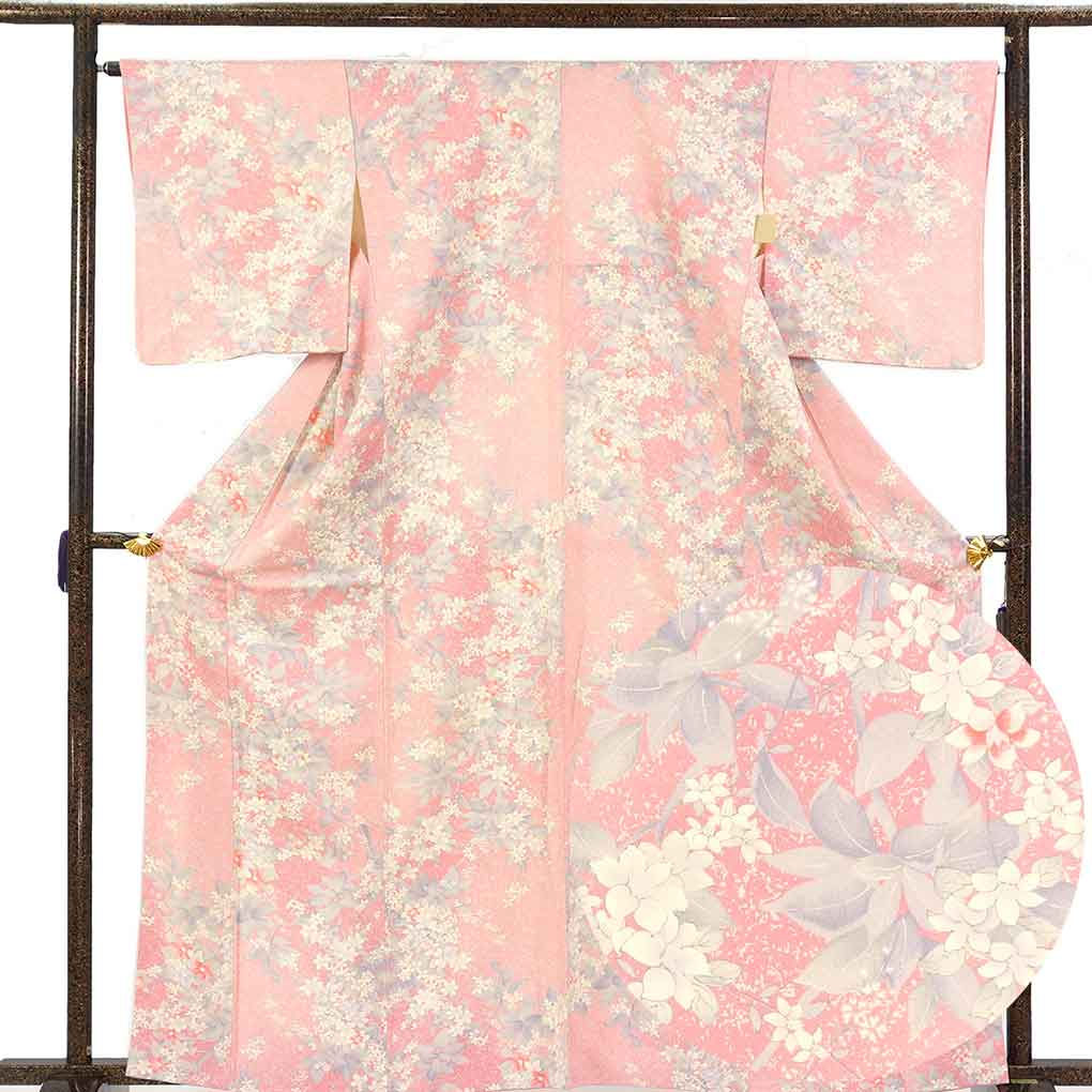 小紋 リサイクル着物 身丈164cm 裄65cm 前幅24cm 後幅30cm 袖丈49cm 袖幅33cm レディース 袷 花柄 裄Mサイズ 秋冬春用 正絹（シルク）ピンク トールサイズ 美品 リメイク リユース【ランクA】