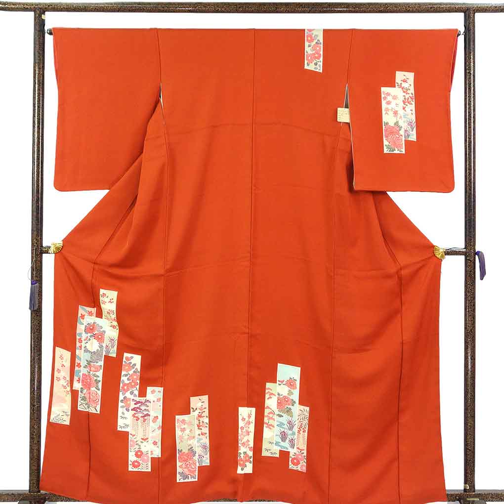 訪問着 リサイクル着物 身丈163cm 裄66cm 前幅24cm 後幅30cm 袖丈56cm 袖幅33cm レディース 袷 花柄 裄長 裄M-Lサイズ 秋冬春用 正絹（シルク）レッド 美品 リメイク リユース【ランクA】