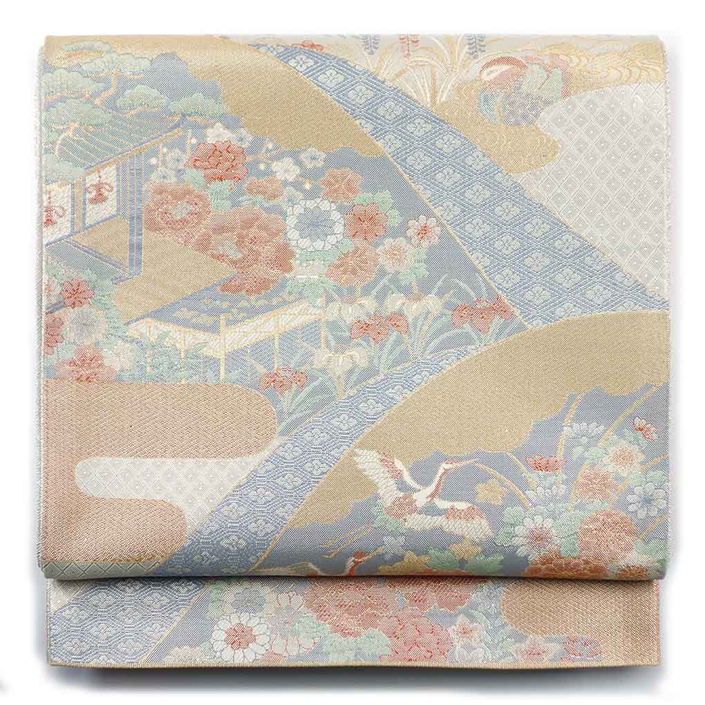 袋帯 リサイクル帯 幅30cm 長さ428cm レディース 花柄 秋冬春用 正絹（シルク）シルバー 美品 リメイク リユース【ランクA】