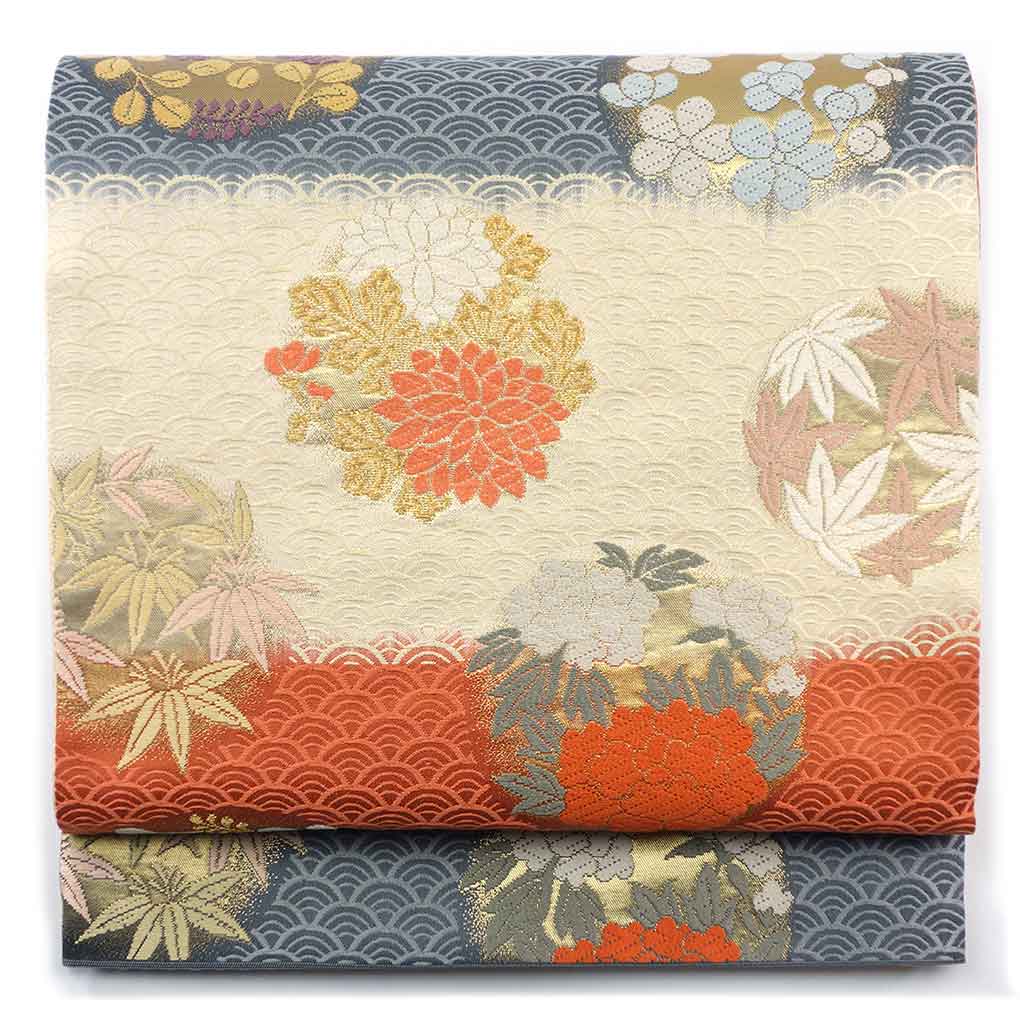 袋帯 リサイクル帯 幅30.5cm 長さ437cm レディース 花丸紋 秋冬春用 正絹（シルク）ネイビー 美品 リメイク リユース【ランクA】