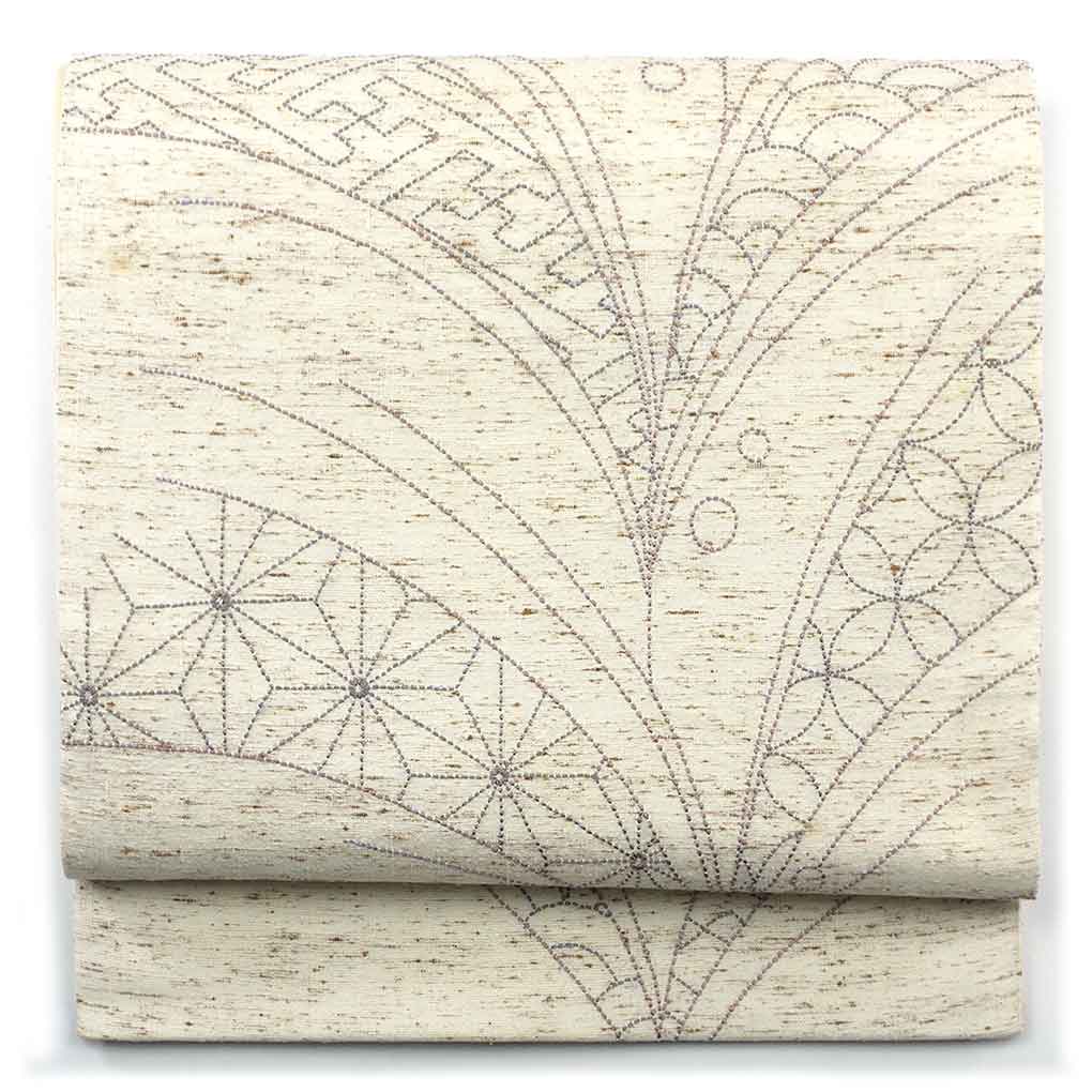 袋帯 リサイクル帯 幅31cm 長さ448cm レディース 刺し子 秋冬春用 正絹（シルク）ホワイト やや難 リメイク リユース【ランクB】