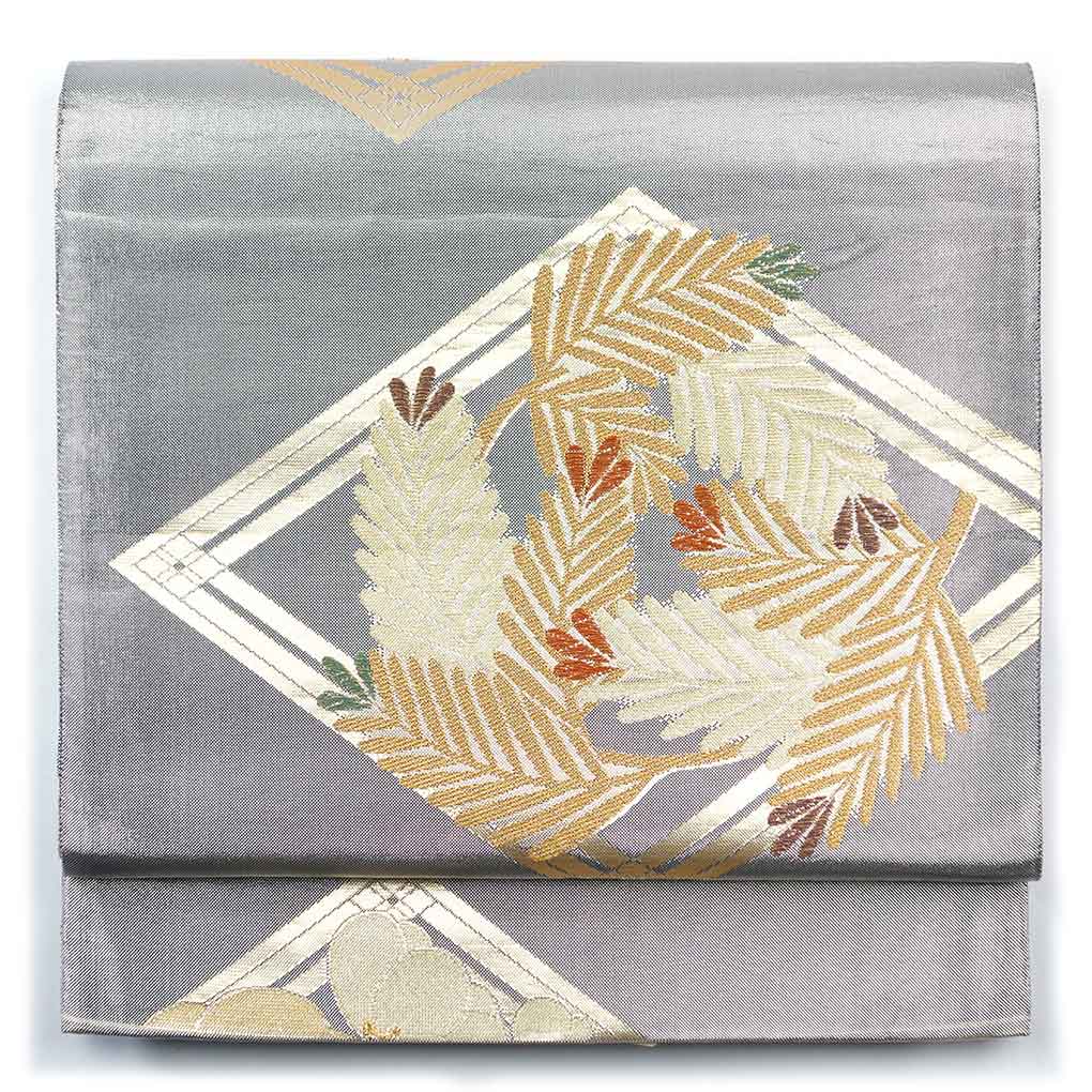 袋帯 リサイクル帯 幅31cm 長さ435cm レディース 松 秋冬春用 正絹（シルク）シルバー 美品 リメイク リユース【ランクA】