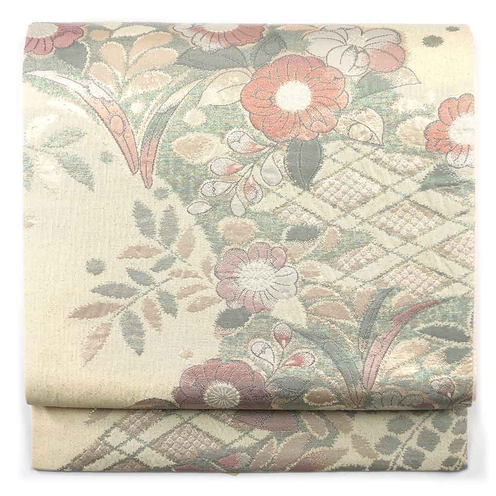 袋帯 リサイクル帯 幅31cm 長さ422cm レディース 花柄 秋冬春用 正絹（シルク）ベージュ 美品 リメイク リユース【ランクA】