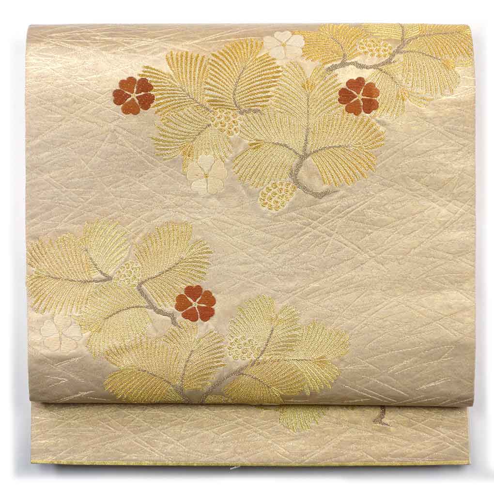 袋帯 リサイクル帯 幅31cm 長さ436cm レディース 松 秋冬春用 正絹（シルク）ゴールド 美品 リメイク リユース【ランクA】