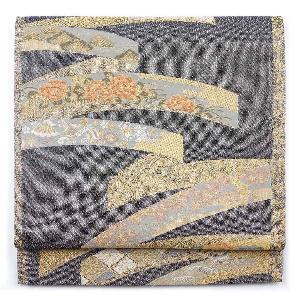 袋帯 リサイクル帯 幅31cm 長さ427cm レディース 花柄 秋冬春用 正絹（シルク）グレー 美品 リメイク リユース【ランクA】