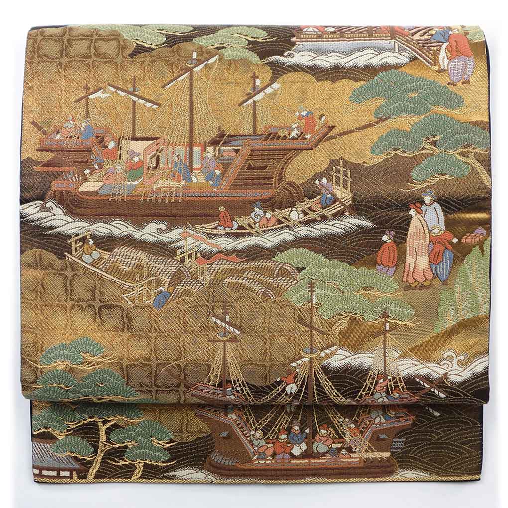 袋帯 リサイクル帯 幅31cm 長さ433cm レディース 南蛮船 秋冬春用 正絹（シルク）ブラウン 美品 リメイク リユース【ランクA】