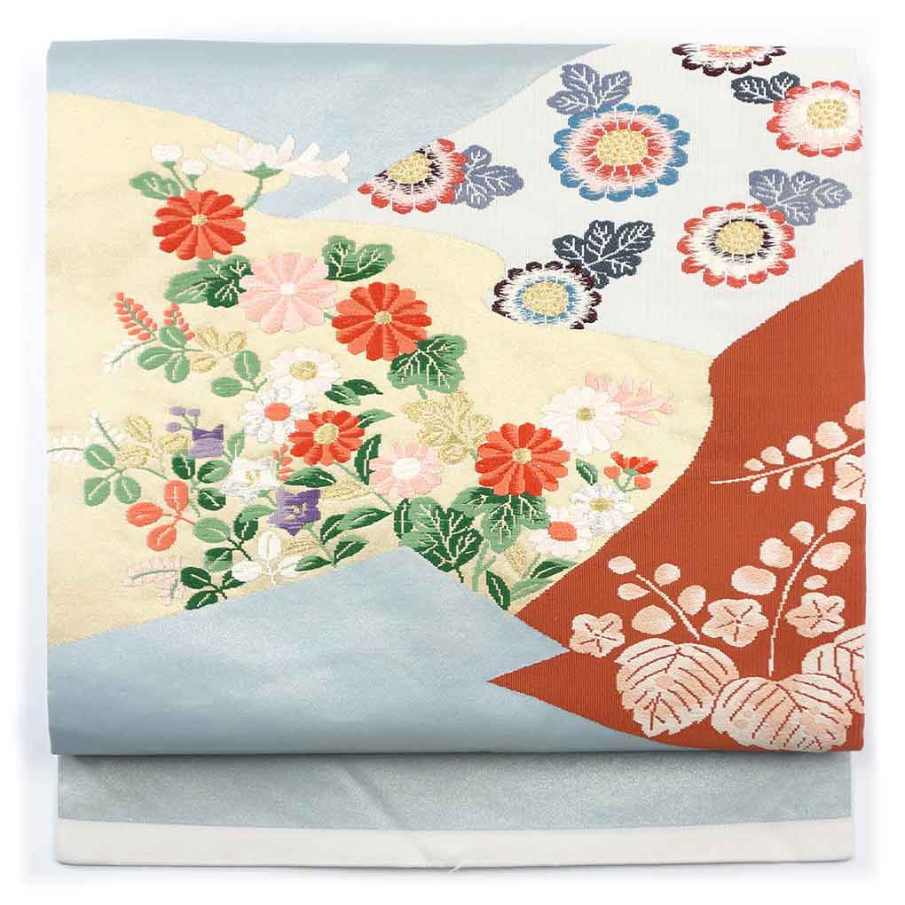 名古屋帯 リサイクル帯 幅30cm 長さ353cm レディース 花柄 秋冬春用 正絹（シルク）グレー 美品 リメイク リユース【ランクA】