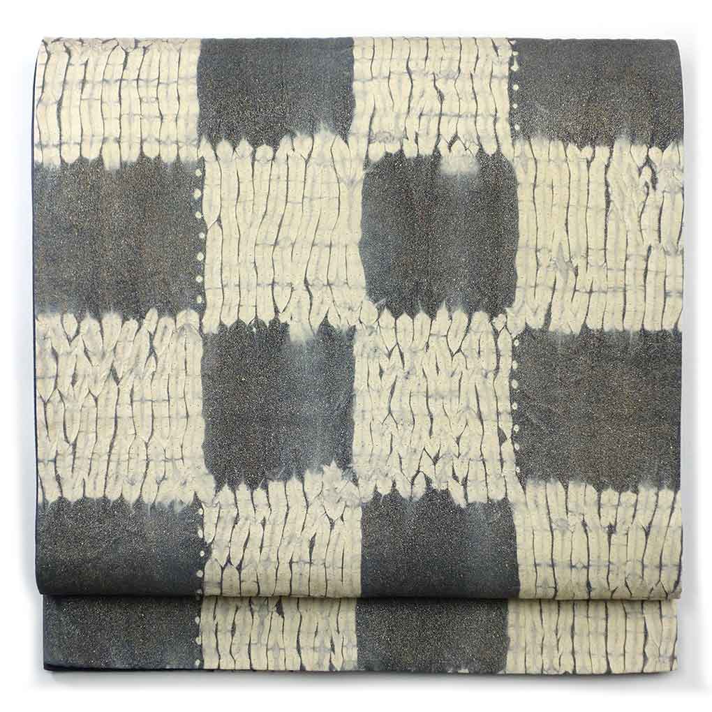 袋帯 リサイクル帯 幅31cm 長さ448cm レディース 市松 秋冬春用 正絹（シルク）グレー 美品 リメイク リユース【ランクA】